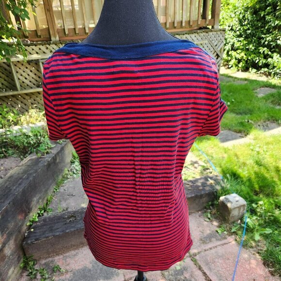 P269. Chaps Red & Navy striped Boat-necked short-sleeved tee-shirt  |M - Picture 2 of 4